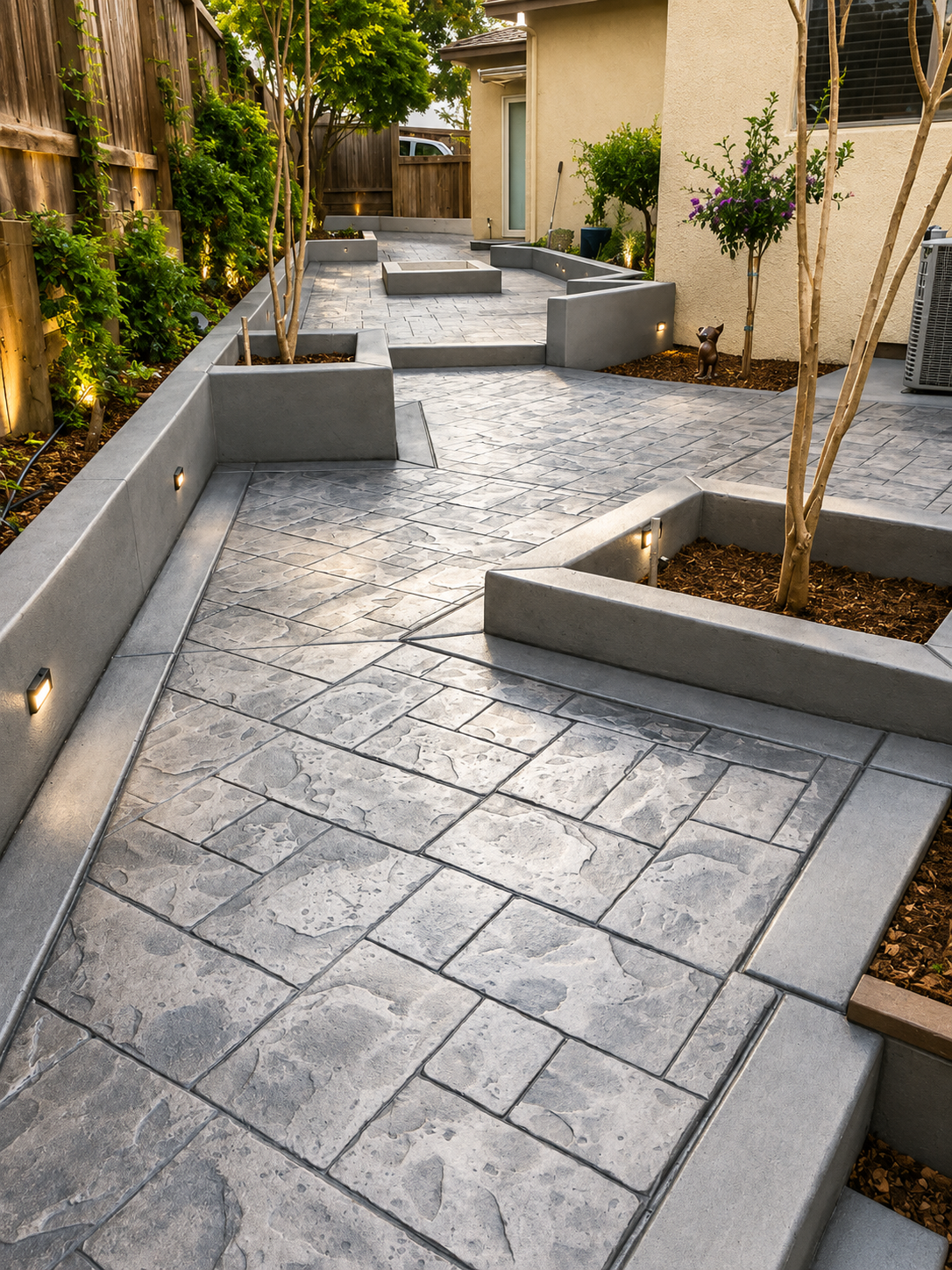 Stamped concrete patio + planters