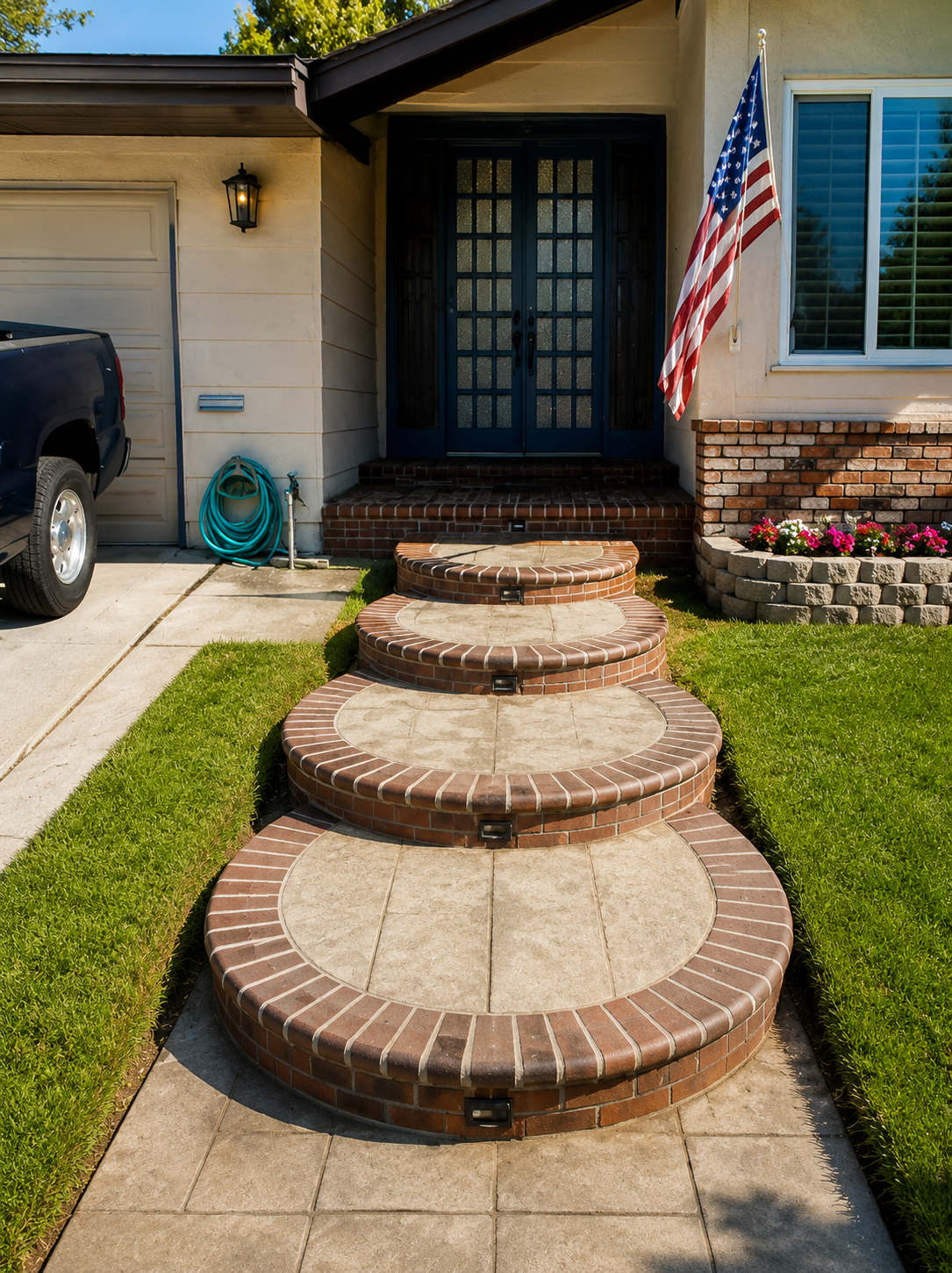 Curved entry steps + stamped walkway