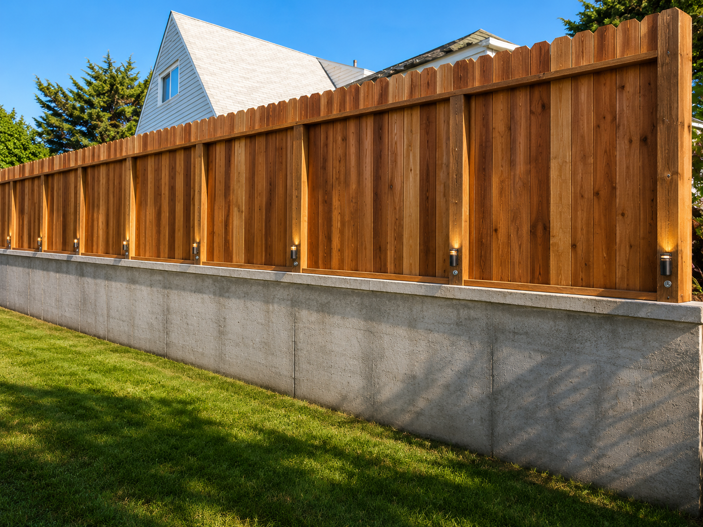 Property-line retaining wall + cedar fence