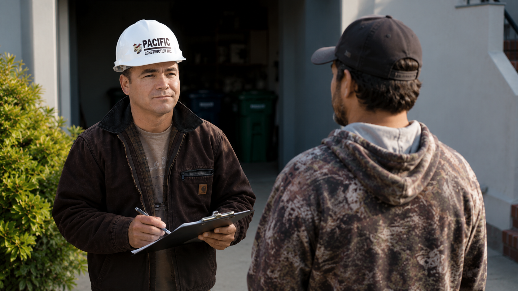 Jose meeting with a homeowner on-site to scope the project.