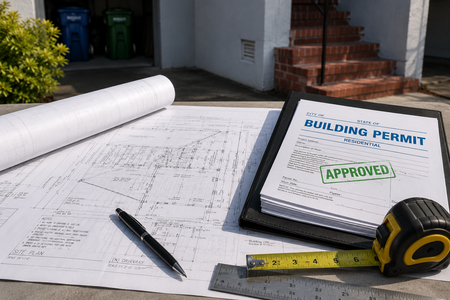 Approved building permit on a clipboard atop site plans, with a tape measure and pen.