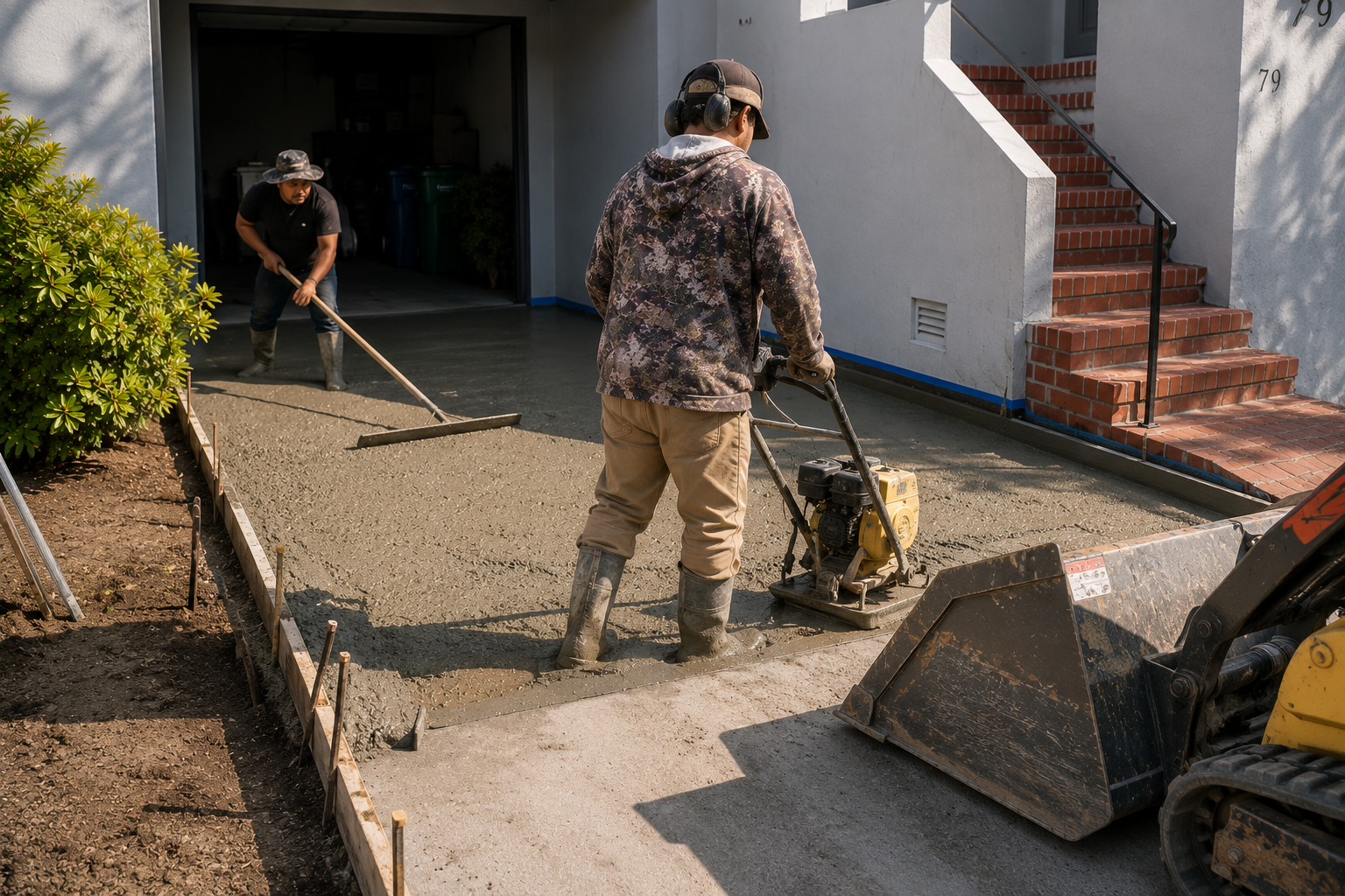 Pacific Construction crew finishing a freshly poured driveway slab with a power compactor and screed.