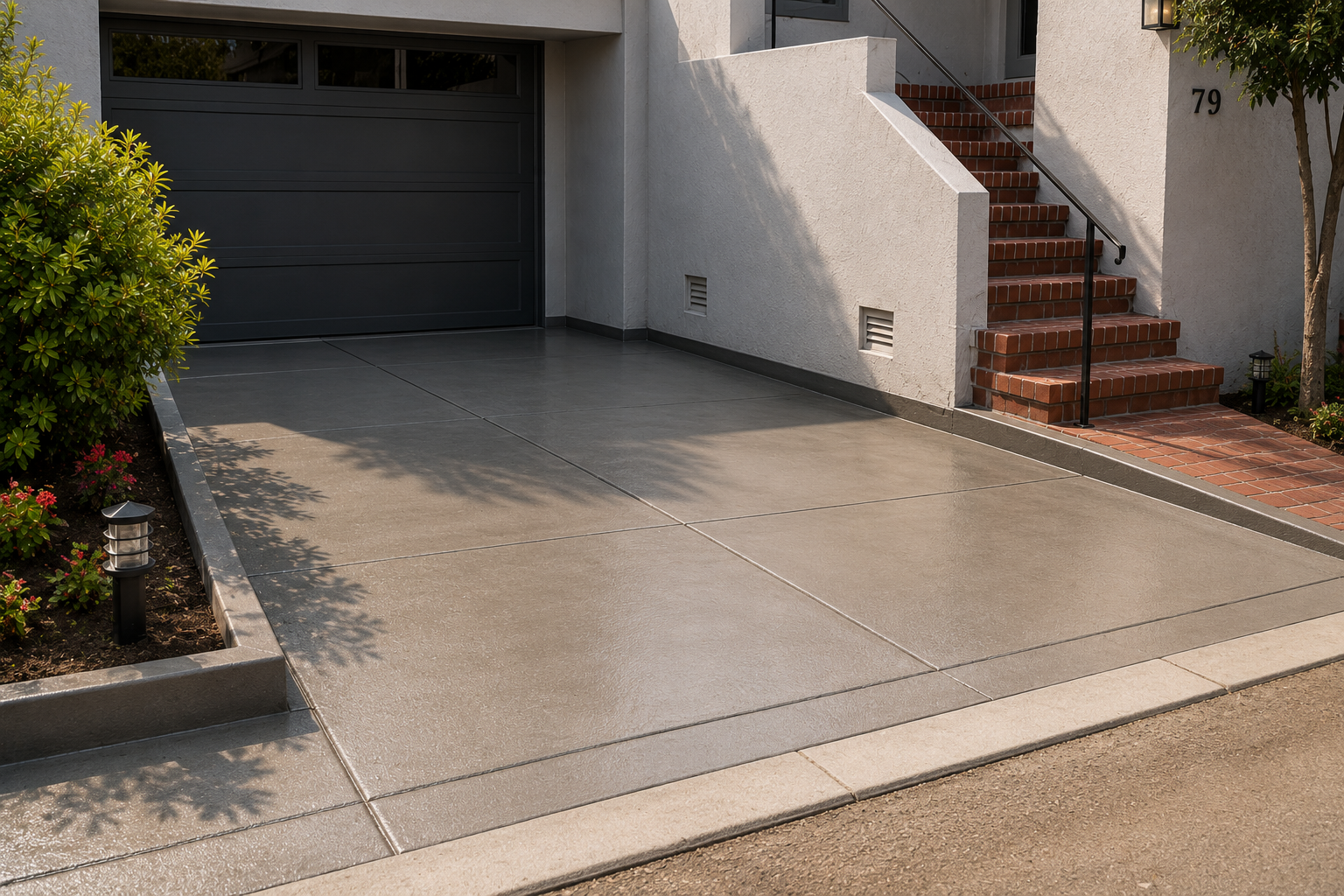 Finished broom-finished concrete driveway scored into clean panels, leading to the homeowner's front entry.